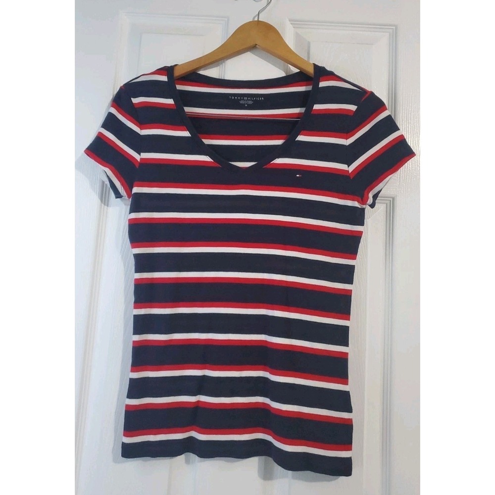 Tommy Hilfiger Womens Vintage Striped Cotton V-Neck T-Shirt Blue Red White M